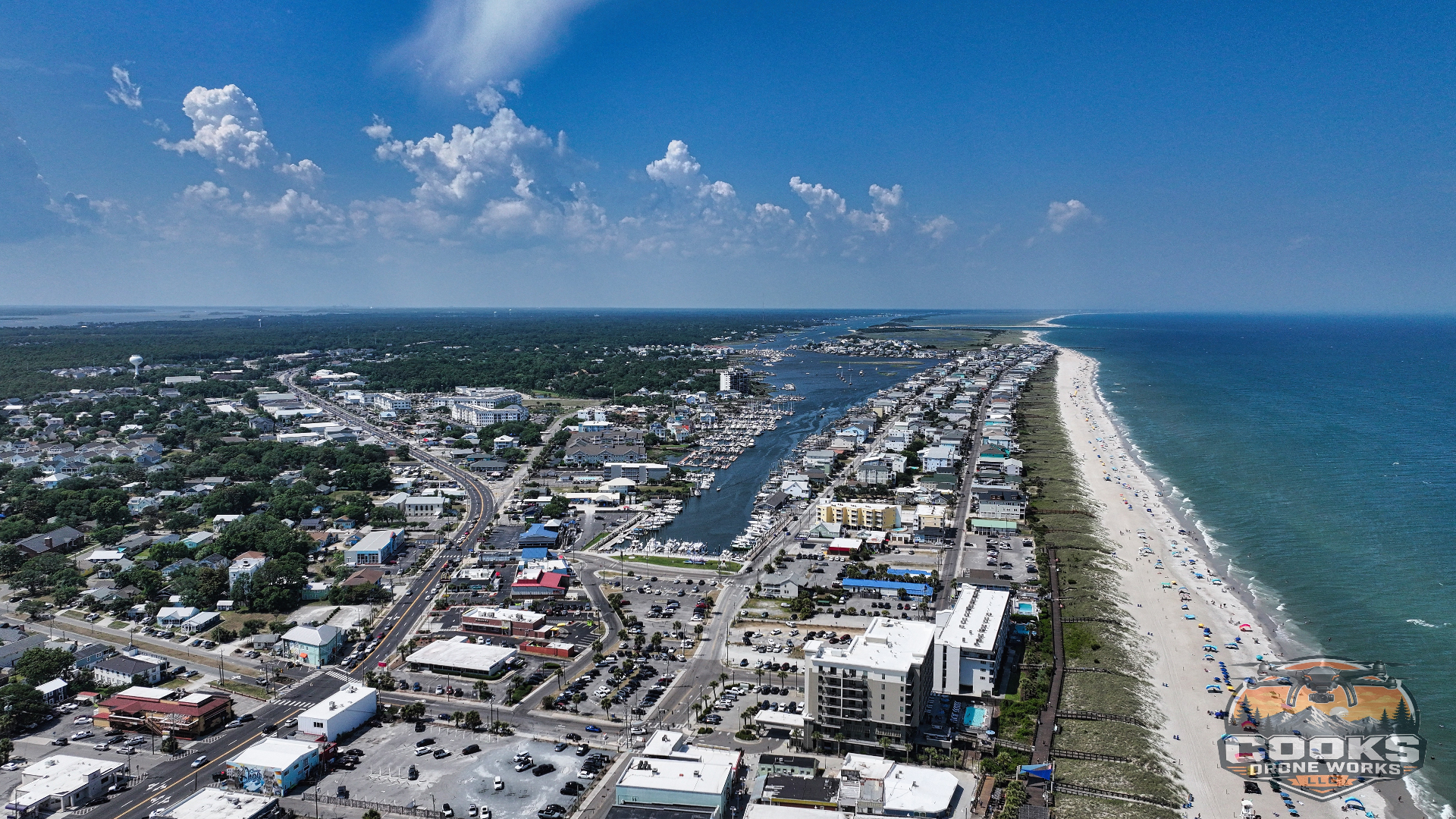 Aerial view of coastal town and beach