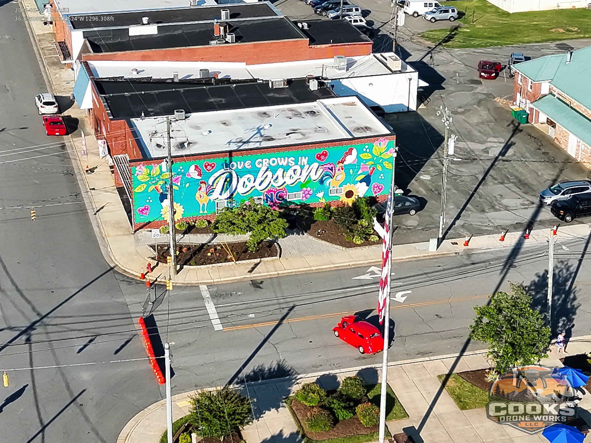 Aerial photo of the Love Grows in Dobson mural downtown