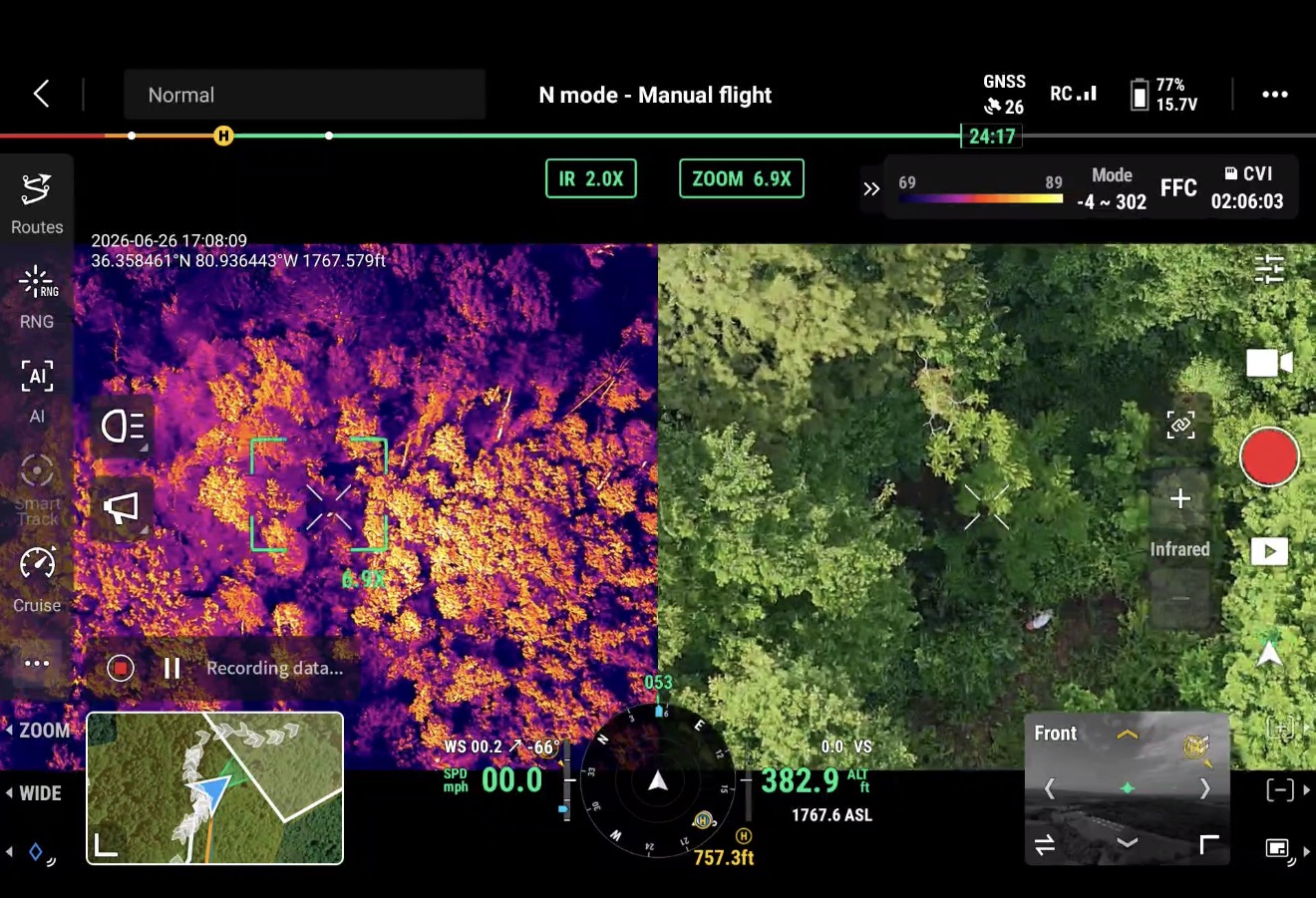 Split-screen thermal and visual drone view scanning wooded terrain